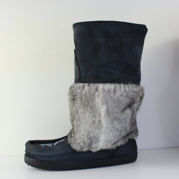 Manitobah Suede Leather Tall Fur Moccasin Boots Women (8 US) - Picture 5 of 11